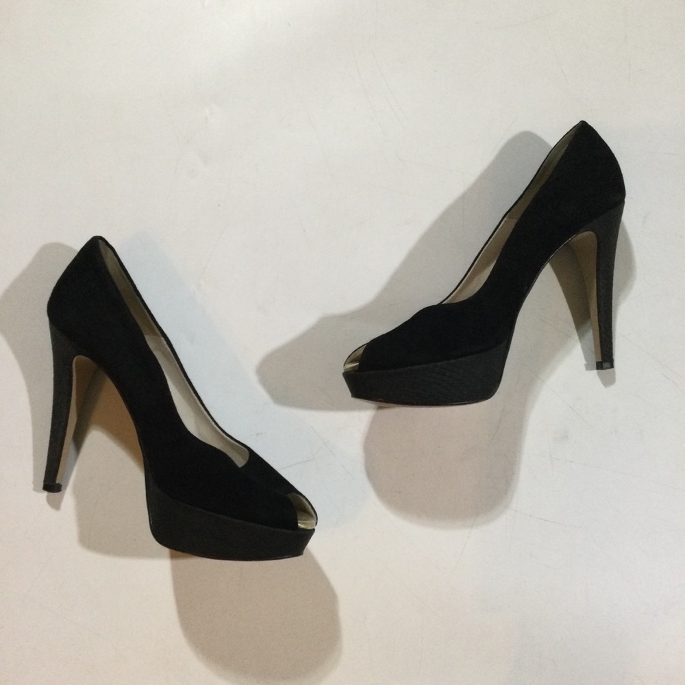 Reiss Womens Size 7 Peep Toe Platform Classic High Heels Suede Shoes In Black